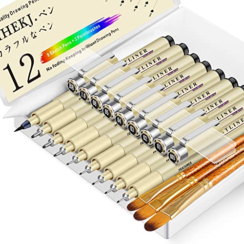 Drawing Pens Anime Pens Sketch Pens Precision Multiliner Pens Office School Supplies Drawing Pens for Artists Line Art Pens Art Pens 9 Pack + 3 Paintbrushes