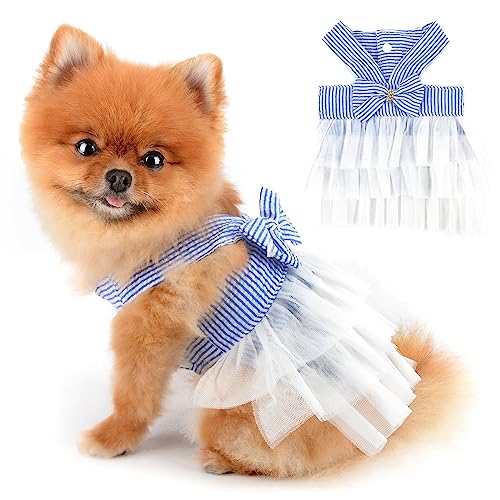 PAIDEFUL Small Dog Dress Striped Denim Organza Bow Beads Tutu Skirt Summer Soft Comfortable Breathable Puppy Clothes Sleeveless Button Kitten Apparel