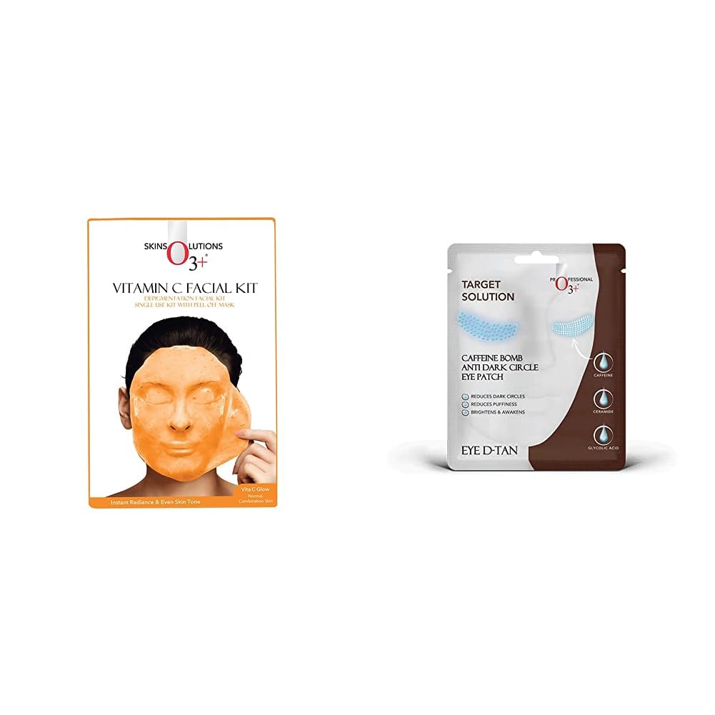 O3+ Vitamin C Facial Kit Depigmentation Single use Kit with Peel Off Mask, 45g & O3+ Caffeine Bomb Anti Dark Circle Eye Patch & Eye D Tan (single use only) 5G Combo