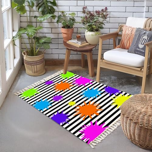 2x3 Door Mat Washable Rug for Entryway Schoolgirl Style Poms Multi Colorful Splashes Striped Geometric Shapes Area Rugs for Bathroom Welcome Mat Kitchen Mats for Floor Home Decor