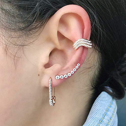 CZ Safety Pin Cartilage Sterling Silver Hoop Earrings for Women Girls Dainty Cubic Zirconia Dangle Drop Hypoallergenic Stud Post Crystal Huggie Fashion Hoops Jewelry 20mm Gold Tone2