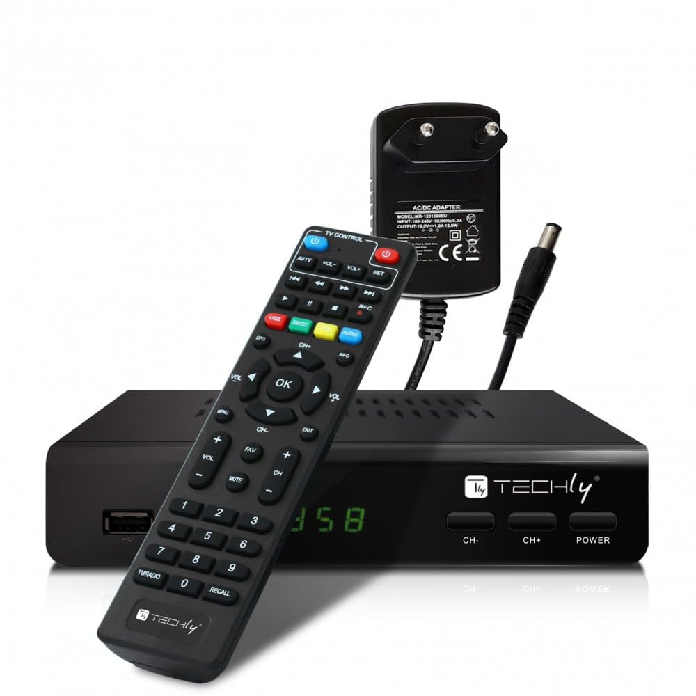 Techly 360974 DVB-T/T2 H.265 HEVC 10bit metalowy dekoder odbiornika cyfrowego, uniwersalny pilot zdalnego sterowania 2 w 1 z zasilaczem 12 V, czarny
