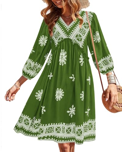 Image of BTFBM Women Casual Spring Summer Dresses V Neck 3 /4 Long Sleeve Ruffle Floral Flowy Boho Babydoll Mini Short Beach Dress