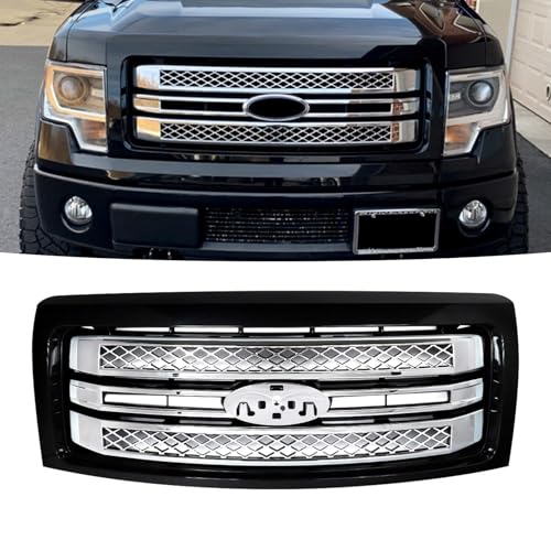 HAPSO Front Bumper Upper Grille Grill Fit For 2009 2010 2011 2012 2013 2014 Ford F150 F-150 Platinum Style Replacement for DL3Z8200EA FO1200631C (Gloss Black Frame+ Chrome Trim)