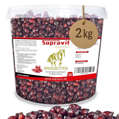 Supravit Hagebutten Pferd | Mit viel Vitamin C für Pferde und Ponys | 2kg Eimer I Ganze getrocknete Früchte - natürliche Pferdeleckerlis ohne Zucker | Erstklassige Qualität