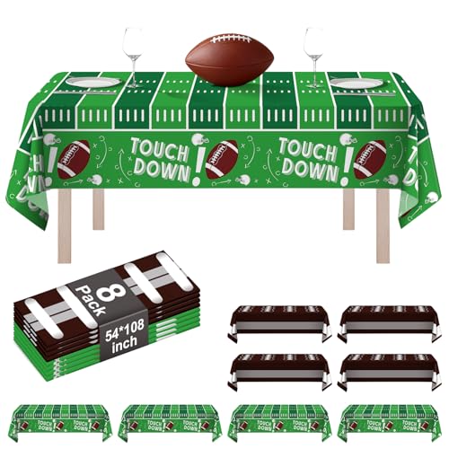 8 Pack Football Plastic Tablecloth 54 x 108 Disposable Table Cloths Football Touchdown include 4 Green and 4 Brown Table Cover for Parties Decorations Supplies (Football GreenBrown Rectangle)