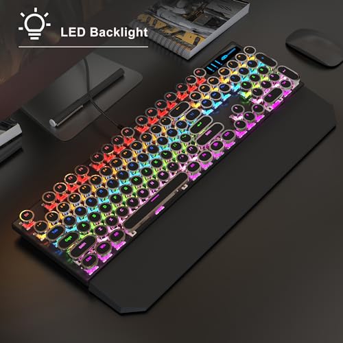 MageGee タイプライター メカニカル ゲーム用キーボード レトロ ブラック パンク ラウンド キーキャップ RGB レインボー バックライト 有線キーボード ノートパソコン Mac PC ゲーマー用 磁気リストレスト付き - ブルースイッチ