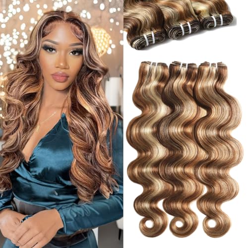 3 Tones 4/27/613 Sun-kissed Blonde Highlight Bundles Human Hair Weave for Black Women Ombre Brown Body Wave Virgin Hair 3 Bundles/Pack 18 20 22 Inch 100g/Bundle