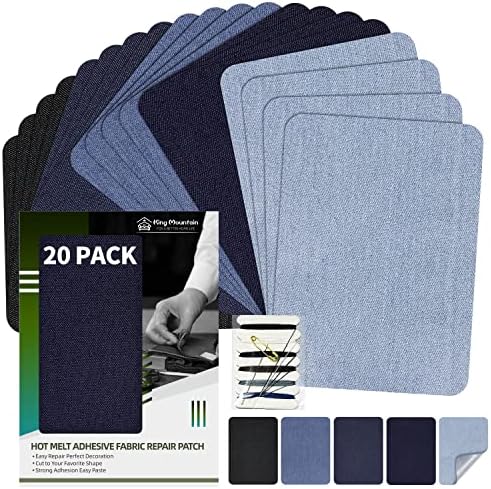 KING MOUNTAIN Iron-on Repair Patch 20 Pcs Pack,Denim Patches for Jeans Kit 3" by 4-1/4", 100% Cotton Denim Iron-on Repair Patch,Jeans and Clothing Repair and Decoration Kit (Five Color)