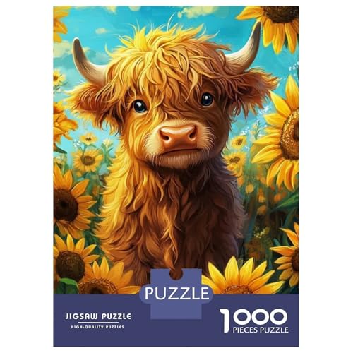 Puzzle de 1000 piezas de vaca escocesa y girasoles para una tarde de relajación familiar 2