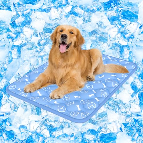 Rywell Dog Cooling Mat 2.0,44 * 32 Thicken Cooling Mat for Extra Large Dog, Internal Waterproof& Endothermic Color Changing Arc-Chill Cool Fiber(QMAX0.5) for Pet in Summer, Washable, Non-Toxic