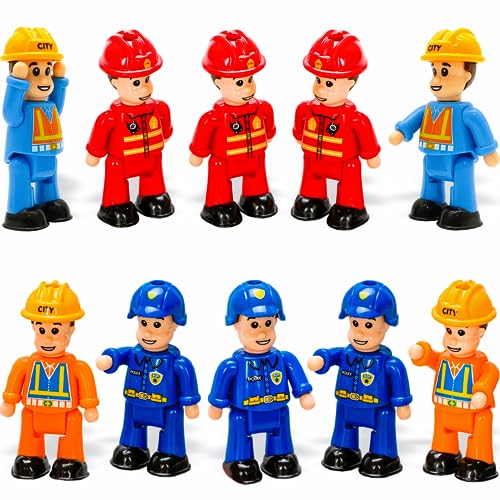 10-Set Toy People Figures - Community Helpers - Firefighter, Police Action Figures, Construction Workers - Play Little People Toys Figurines Dollhouse Fireman playset for Toddlers Kids Boys Girls