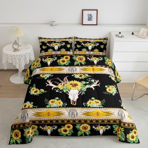 Erosebridal Western Comforter Set Queen,Sunflower Bull Skull Quilt Bohemian Flowers Bedding Sets,Exotic Dream Catchers Duvet Insert Southwestern Tribe Arrow Aztec Western Home Decor