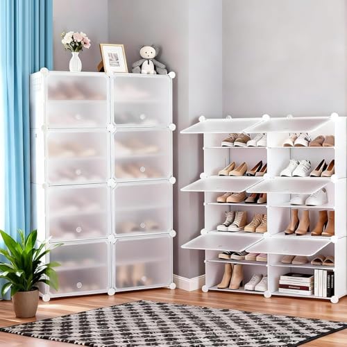 Image of DUMOS 6-Tier Shoe Storage Cabinet with Door, Stackable, 24 Pairs, White | Dust-proof door with airflow holes, fits closets, entryways, hallways & bedrooms, waterproof PP panels, side hooks included
