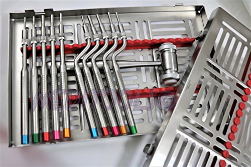 New German Grade Osteotomes Set (10 pcs) Color Coded with sterlization Cassette Adjustable Screw Straight Off Set Convex TIP for Dental Implantologists, Bone Spreading, Sinus Lift + Free Mallet