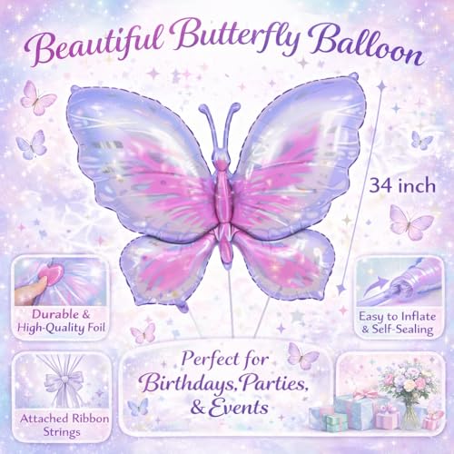 Image of Wanna Party Butterfly Balloons - 4 PCS Pink Purple & Blue Mylar Foil Balloons for Girls Women's Butterfly Theme Party Wedding Birthday Baby Shower Decoration