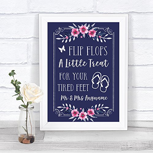 Navy Blue Pink & Silver Flip Flops Dancing Shoes Personalised Wedding Sign Print