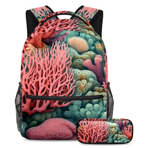 Sac à dos avec trousse à crayons grand format imprimé coraux colorés pour scolaires