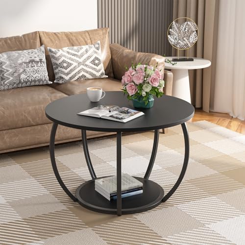 Image of GreenForest Round Coffee Table with 2-Tier Open Storage, 27.6 inch Small Circle Coffee Tables with Adjustable Feet, Modern Mini Center Table for Small Living Room, Black