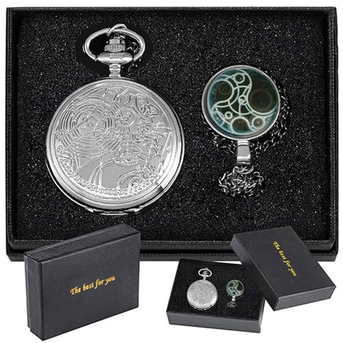 Tiong Retro Nostalgia Quartz Pocket Watch with Necklace Chain Blue Pendant & Gift Box (Green)
