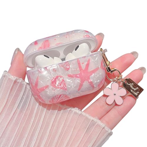 Image of MINSCOSE for AirPods Pro 2nd /1st Generation Case,Cute Glitter Seashell and Starfish Pattern Design with Folral Keychain,Soft TPU Protective Cover for Girls Women for AirPods Pro /Pro 2-Pink