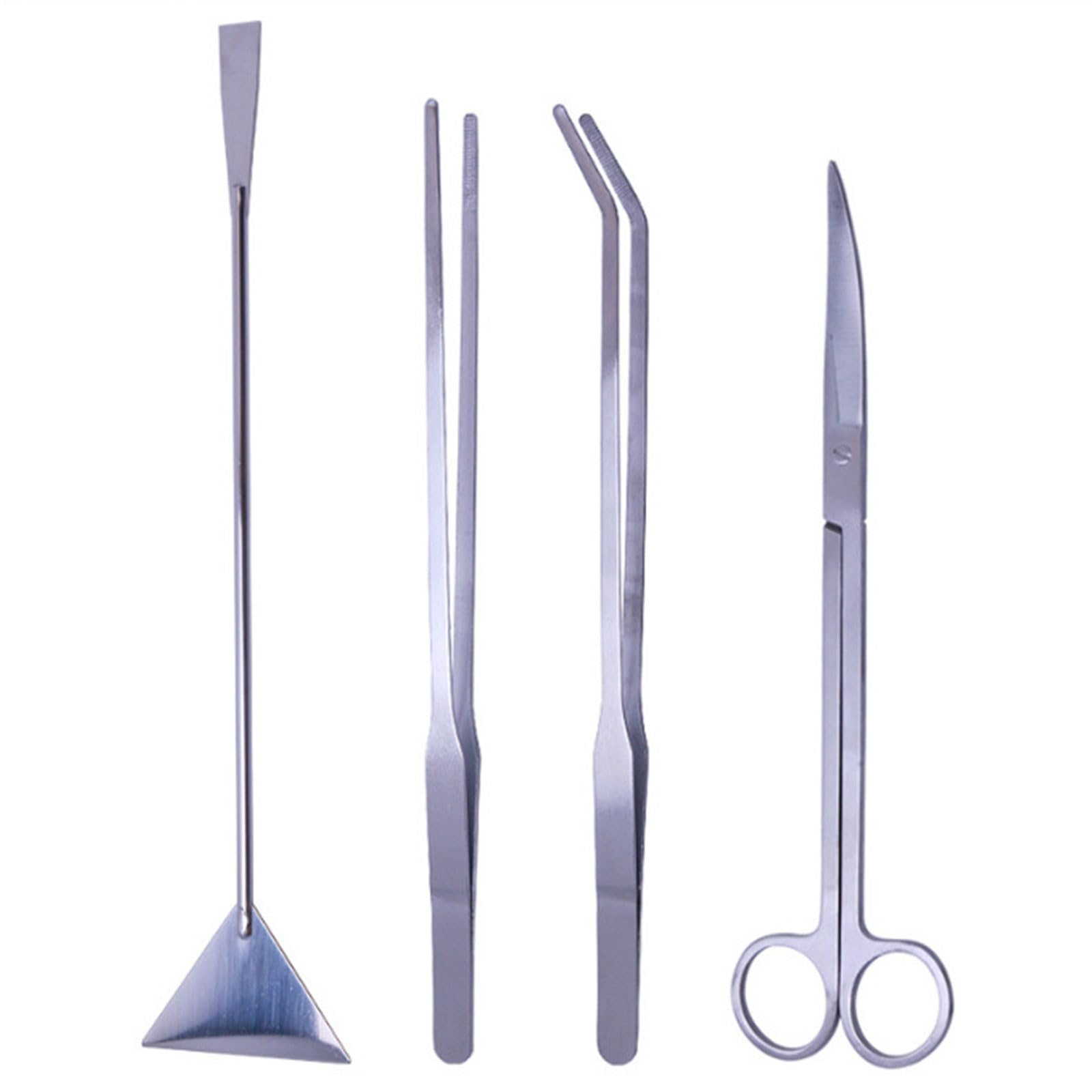 Set Professionale 4 Attrezzi per Acquario in Acciaio Inox Argento - Pinzette, Forbici Curve, Spatola e Strumenti Lunghi per Piante Acquatiche (Dolce/Salata)