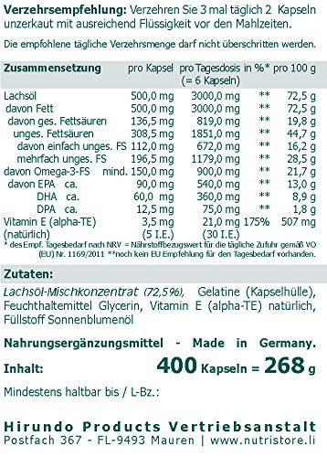 Omega-3 Lachsöl 500 mg Kapseln 400 Stk. - Zur Versorgung mit mehrfach ungesättigten Omega-3-Fettsäuren EPA, DHA und DPA