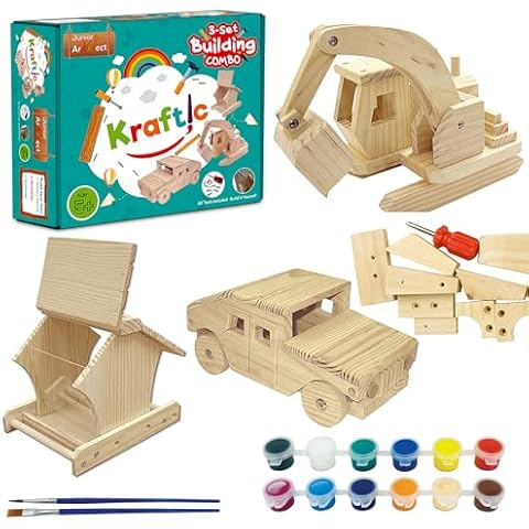 Kraftic Woodworking Building Kit for Kids and Adults, 3 Educational DIY Carpentry Construction Wood Model Kit STEM Toy Projects for Boys and Girls - Wooden Military Vehicle, Excavator and Bird-Feeder Cover