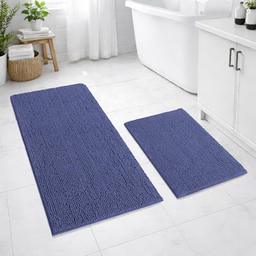 Image of LUXEHOME International Bath Mats for Bathroom Anti Slip Microfiber Chenille Super Absorbent Quick Dry Water Soak Floor Mat for Home Kitchen Door (45x75cm 60x120cm Navy) Pack of 2