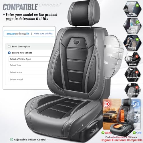 Image of CAR PASS Nappa Leather Car Seat Covers Full Set Faux Leather, Black Gray | Luxury Nappa Leather,360 Full Protection,Water resistant,3D Foam Comfort,Universal Fit for Most Cars SUV Truck,Scratch proof