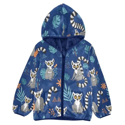Lemur Pattern on Blue Background Toddler Fleece Jacket Girl Boys Hooded Fleece Jacket Coat Warm Outwear Zip-up 3-10T