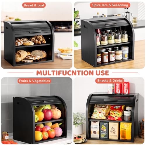 G.a HOMEFAVOR Bread Box: Large 2-Tier Bamboo Roll Top Bread Storage Container for Kitchen Counter, Bread Holder Food Bin for Countertop, Self-Assembly, Black by G.a HOMEFAVOR - Image 6