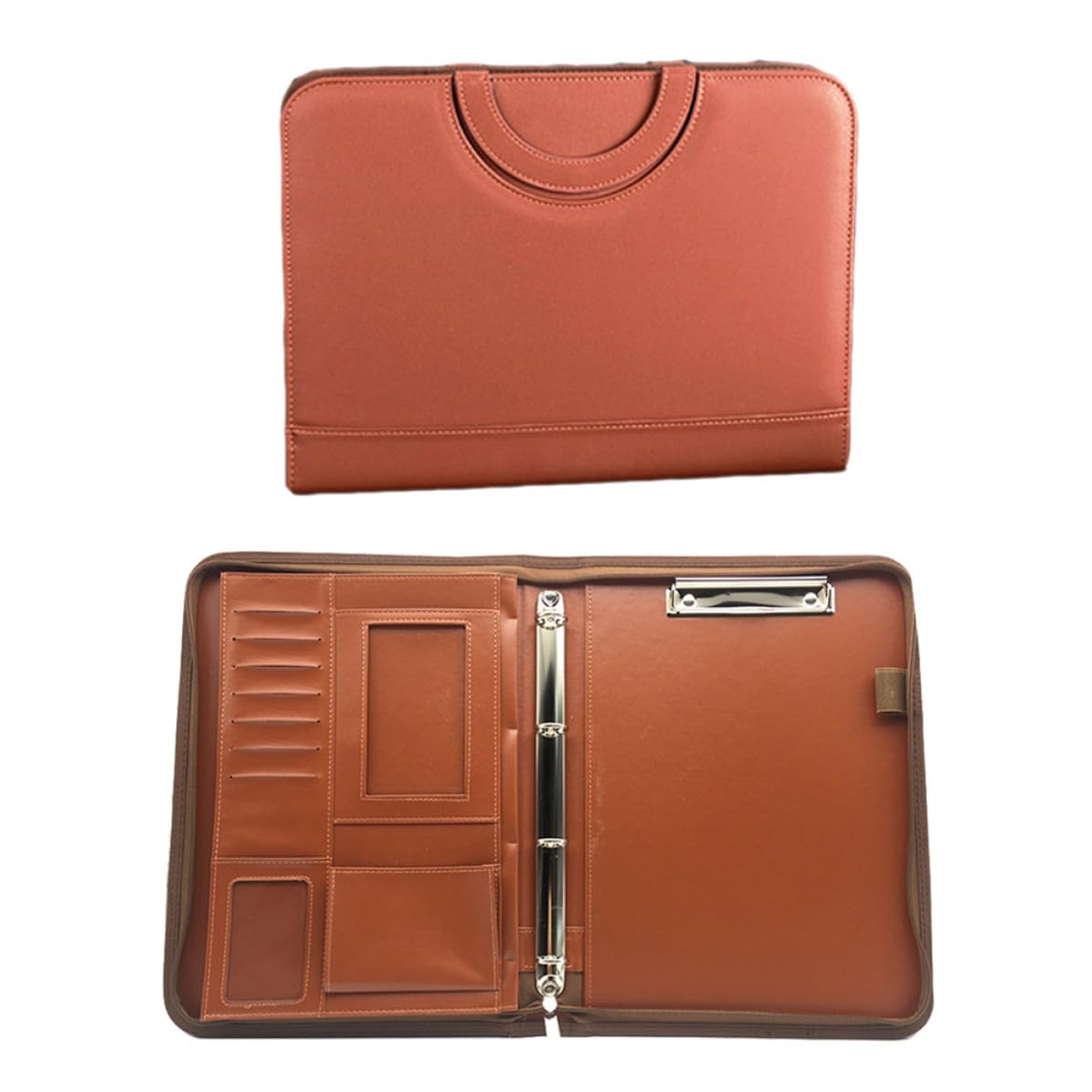 Housoutil Cartella Portadocumenti Multifunzionale con Calcolatrice in Pelle Pu Marrone con Chiusura a Cerniera, Portafoglio Ufficio A4 e Tasche Accessorie per Uso Business