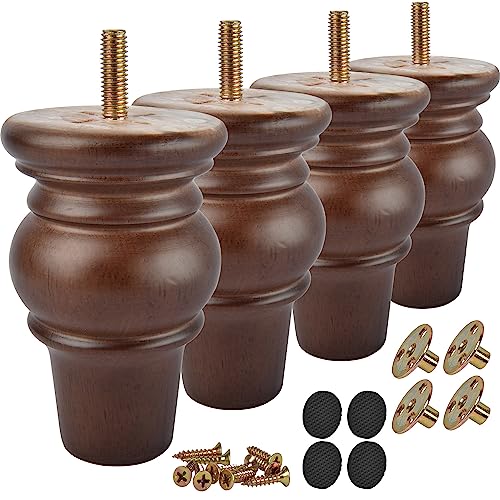TCHOSUZ 4 Inch Wooden Furniture Legs (10cm) Set of 4 Solid Hardwood Replacement Feet for Sofa Couch, Chair, Ottoman, Dresser