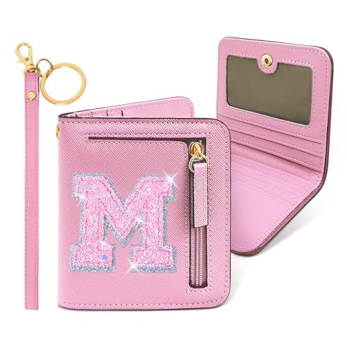 Image of COSHAYSOO Initial Wallet RFID Small Bifold Slim Letter Wallet for Women Teenager Girls Travel Daily Necessities Credit Cards Money Cash Coin Organizer, Pink, Compact, M