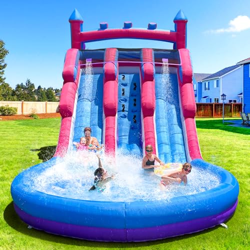 Grade Inflatable Water Slide, 21x12x9FT Giant Pink and Blue Water Slide with Blower and Double Slide, Water Slide Bounce House for Backyard Summer Party (Dual Slide Pink Waves)