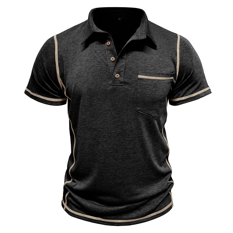 Men's Casual Polo Shirts Classic Short Sleeve Button Tees Basic Golf Shirt Cotton Top with Pocket Black XL