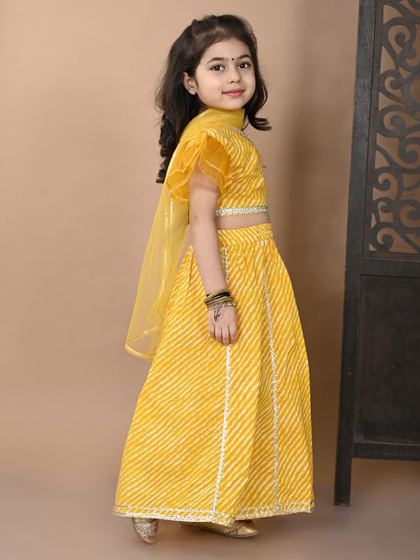 Image of superminis Girl's Cotton One Shoulder Lehariya Printed Readymade Lehenga Choli And Net Dupatta Set