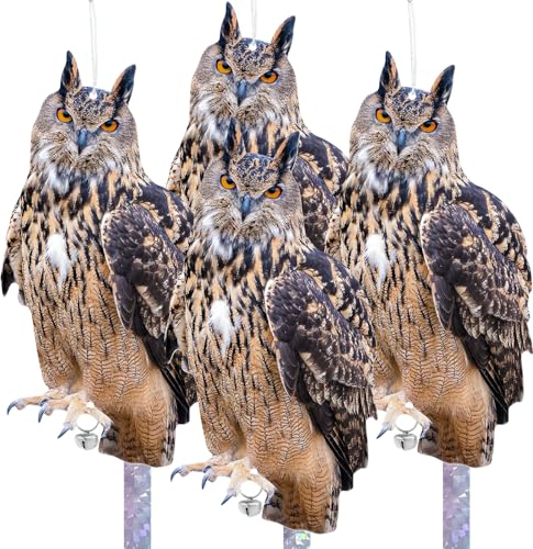 Vicsiyi Owls to Keep Birds Away, 4 Artificial Owls with Reflective Tape for Garden, Patio, Bird Deterrent, Reflective Hanging Decoration to Keep Pigeons Off Window Trees