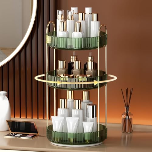 Image of Xmart India 360 Rotating Makeup Organizer - Transparent Cosmetic & Skincare Storage Rack for Dressing Table Lipstick, Perfume, Beauty Accessories & Bathroom Counter Organizer (3 Layer, Green)