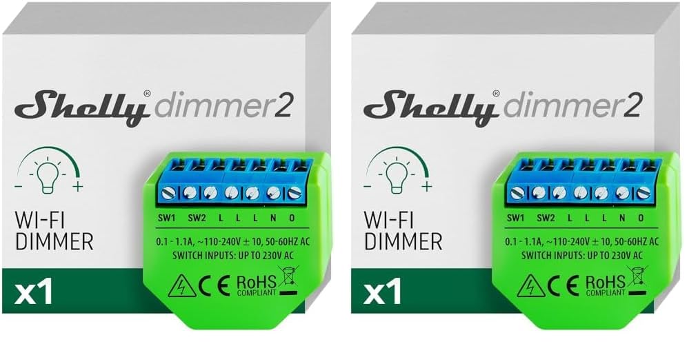 Shelly Shelly Dimmer 2, Intelligenter Wlan Dimmer, Kein Neutralleiter nötig, Hausautomatisierung, Kompatibel mit Alexa & Google Home, iOS Android App, Kein Hub erforderlich, Dimmbare Lichter (Packung mit 2)