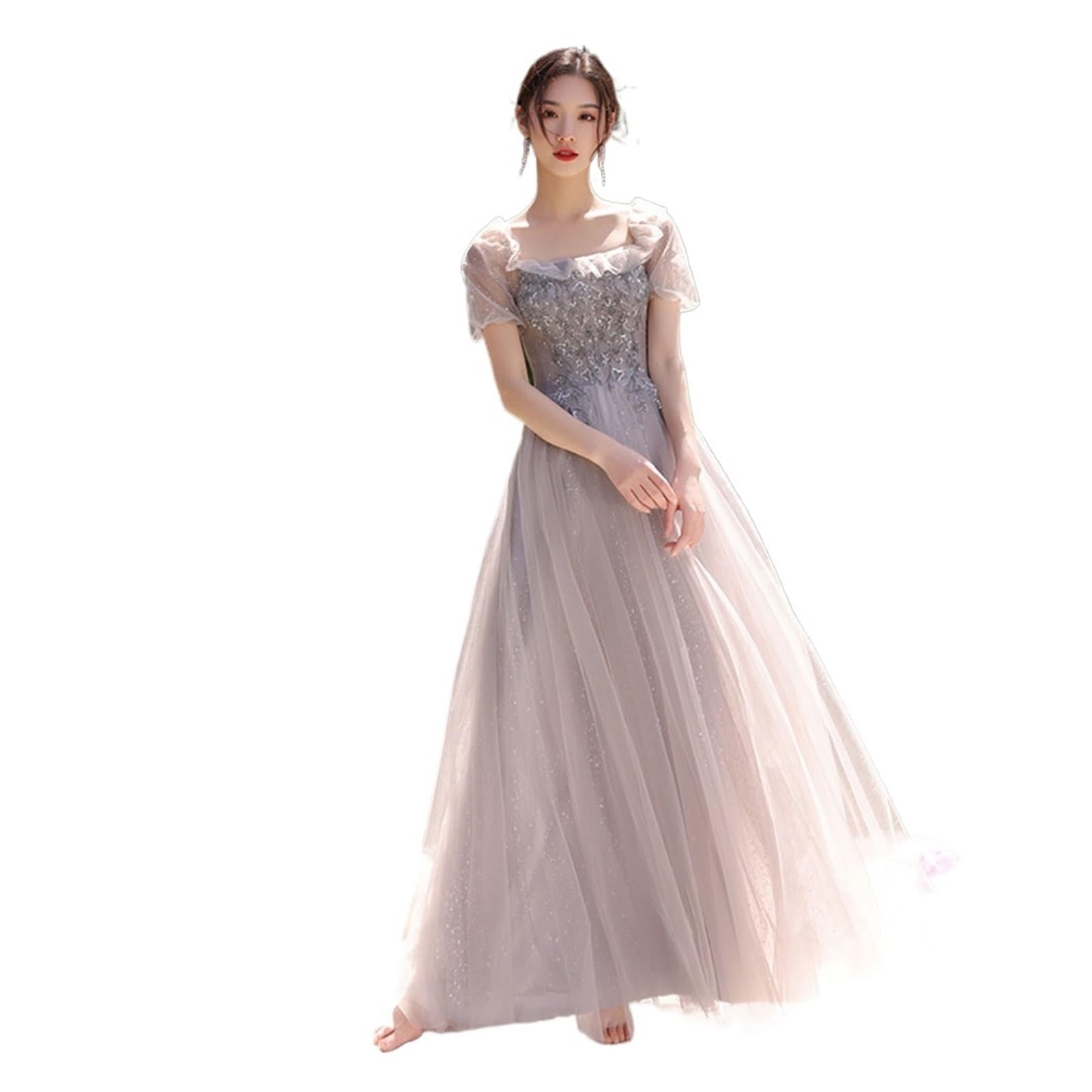 Robe de demoiselle d'honneur en Tulle, 4 Styles, avec des appliques élégantes, manches courtes, douce, ligne a, longueur cheville, robe d'invité de fête de mariage Pour Mariage CéRéMonie(Grey Long D,1
