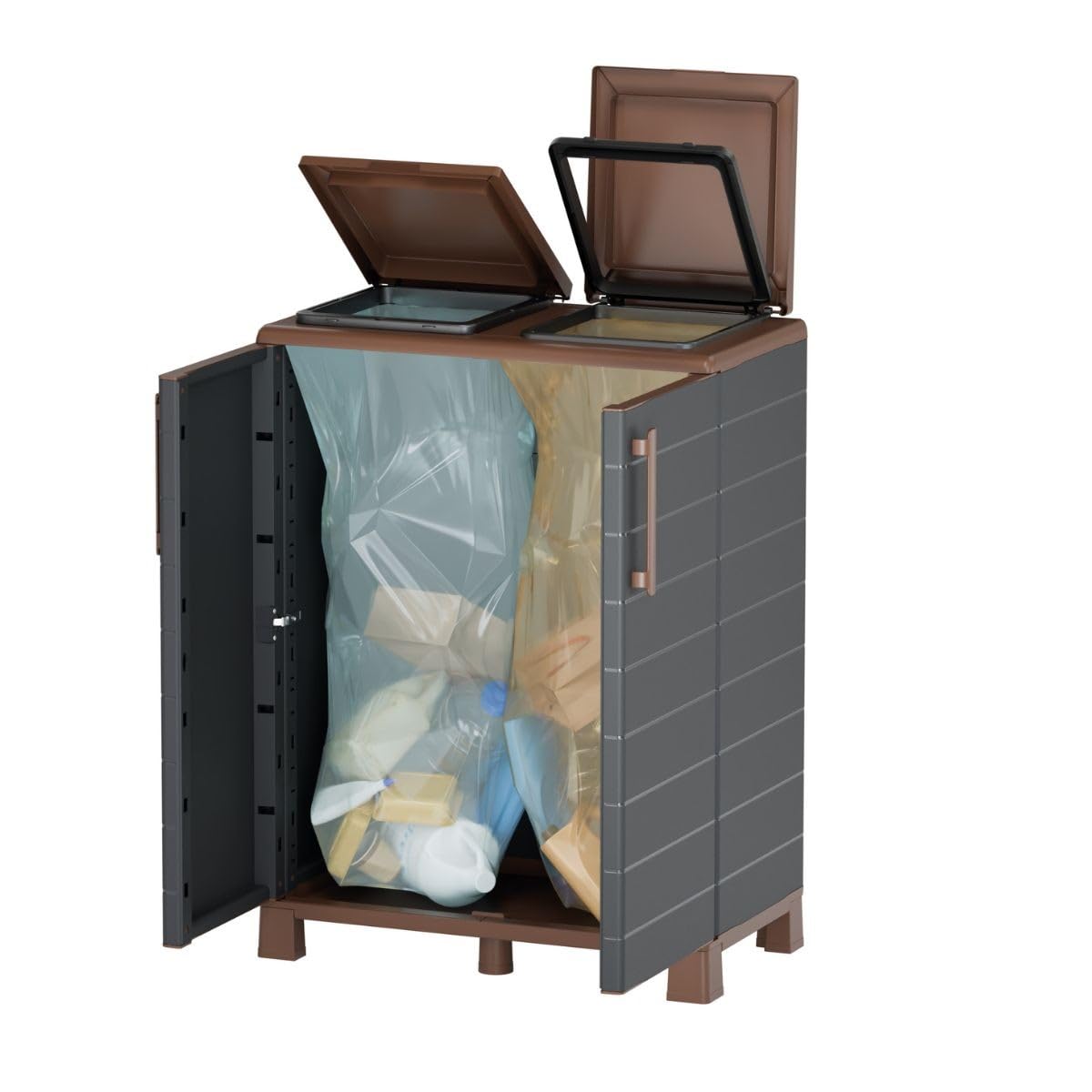 Art Plast - Abri Poubelles 2 Sacs Gris & Marron - Armoire Cache Poubelle de Tri Sélectif 68 x 37 x 90 cm Terrasse, Restaurant