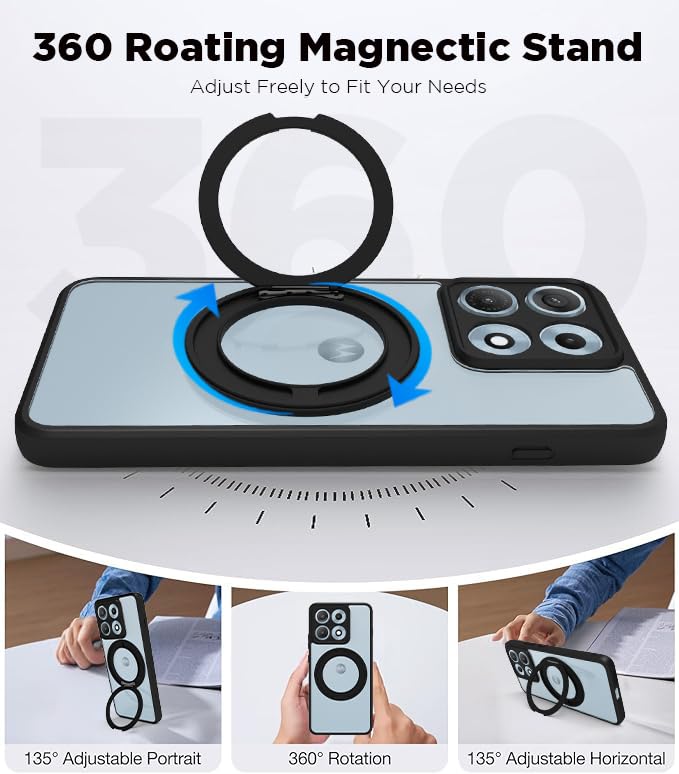 Image of RIGGEAR Shockproof Sleek Hybrid Armor 360 Rotating Magnetic Ring Stand Back Cover Case Compatible with MagSafe Accessories for Motorola Moto Edge 70 Max 5G (Clear PC + Black TPU Bumper)