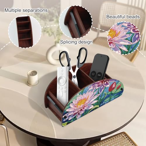 Image of DIY Diamond Painting Storage Box, Pink Lotus Design Handmade 5D Diamond Art Case Multi-Compartment Wooden Desktop Organizer for TV AC Remotes Makeup Brushes Pens Holder Tabletop Craft Storage