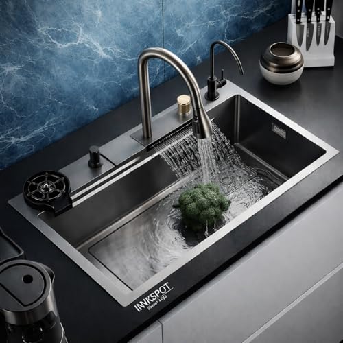 Image of 304 Grade Multifunction Kitchen Sink 30'' x 18'' x 10'' with Integrated Waterfall & Pull-down Faucet Set-Stainle (30X18X9 INCH)