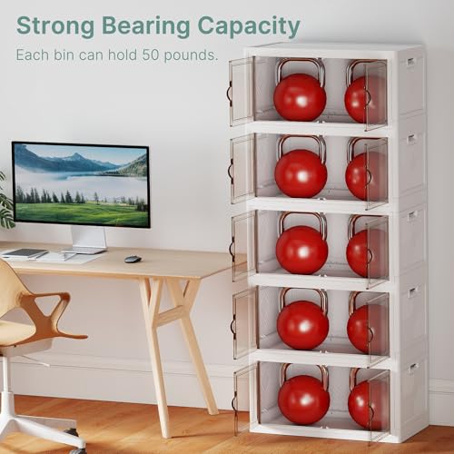 Image of UAMFURI 560QT Lockable Storage Bins with Lids - Stackable Storage Cabinet with Doors and Wheels, Collapsible Plastic Organizer and Containers for Closets, Office, 5 Pack Cubes