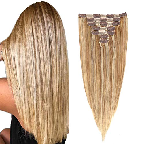 Balayage Straight Clip in Hair Extensions Mixed Blonde Brazilian Virgin Hair Double Weft Long Remy Hair Clip In for Women Silky 7 PCS 120g 16 Inch
