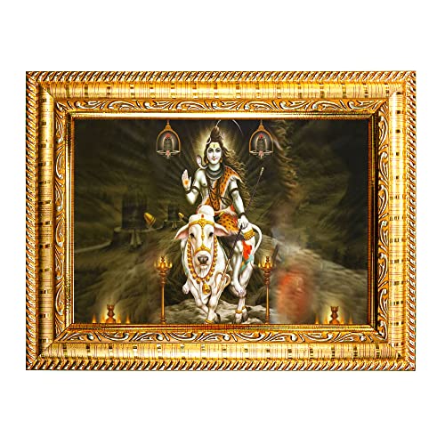 Image of Hawai Lord Shiva Nandi Cow Home Decor Worship Use Wall Hanging Wooden Photo Frame, 8.5x7 inch, SFDI305 GLD FRM GRP