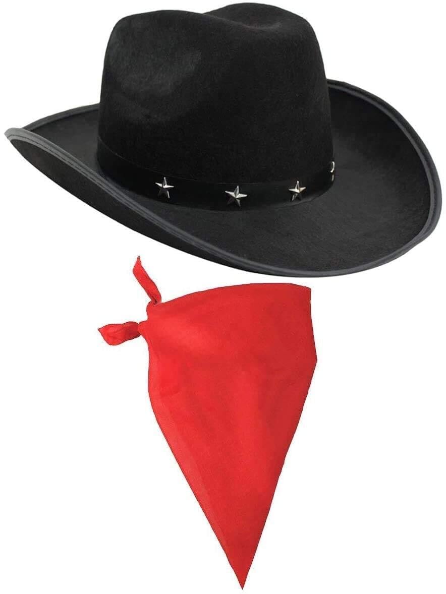 I LOVE FANCY DRESS Cowboy Hat & Cowboy Neckscarf Accessories. Black Star-studded Cowboy Hat & White Bandana. Wild West Western Sheriff. Pack of: 6| Bandana Colour: Red